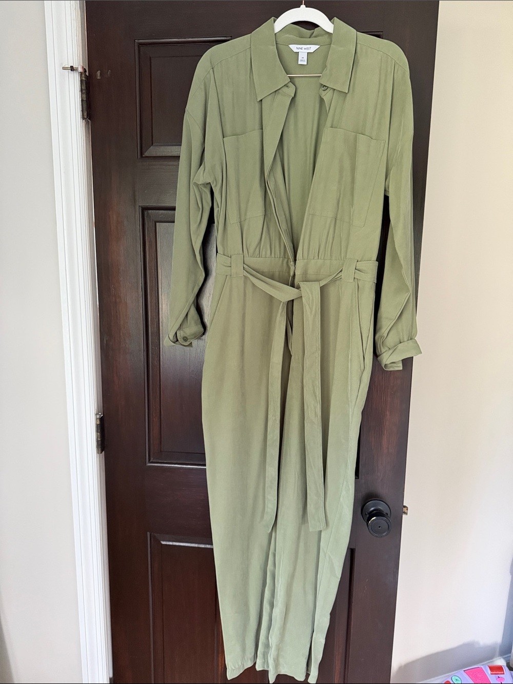 Nine West Olive Green Utility Jumpsuit with Tie Belt